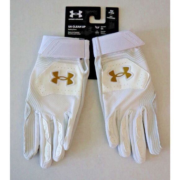 Under Armour 1365461 101 Men’s Sz Small White/Gold Clean Up 21 Batting Gloves - Picture 2 of 3